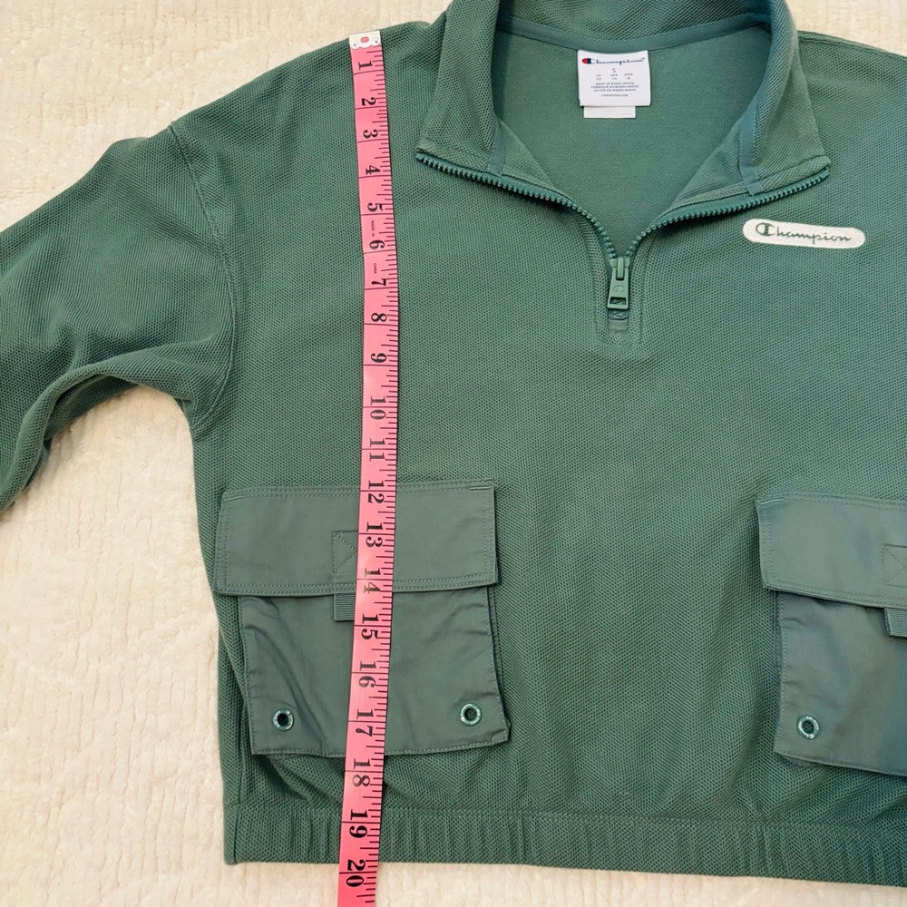 Champion Green Quarter Zip Cropped Pullover with Patch Pockets - Picture 5 of 8